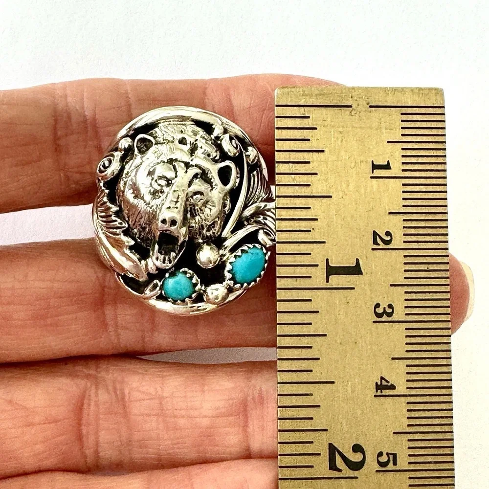 Bear Head Navajo Mens Ring‎ Kingman Turquoise Sz 13 Sterling Signed Sanders